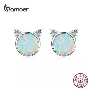 BAMOER Новое поступление стерлингового серебра 925 пробы милые кошачьи уши большой камень маленькие серьги-гвоздики для женщин модные серьги ювелирные изделия SCE538-Q