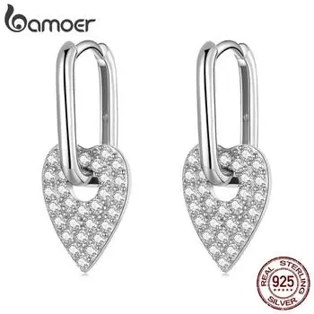 BAMOER, оригинальные серьги из стерлингового серебра 925 пробы с блестящим сердцем, квадратные пряжки для ушей, оригинальный дизайн, серьги для женщин, ювелирные изделия, подарок на вечеринку