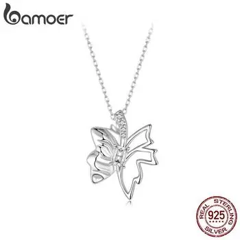 Bamoer Ожерелье из цельного серебра 925 пробы с подвеской в виде осеннего листа и бабочки, покрытая белой позолотой, для женщин, подарок на день рождения 40+5cm серебряный
