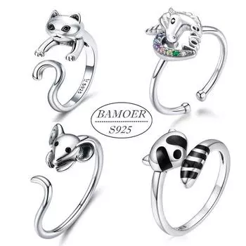 Bamoer подлинные 925 стерлингового серебра ювелирные изделия озорные милые животные палец регулируемые кольца подарок B