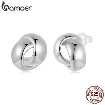Bamoer Подлинные блестящие плетеные серьги из стерлингового серебра 925 пробы, позолоченные серьги-гвоздики Love для женщин в подарок 1.3*1.1cm серебряный