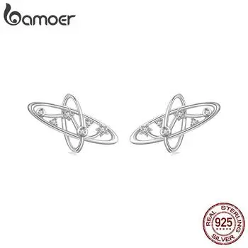 Bamoer Подлинные серьги-гвоздики «Млечный путь» из стерлингового серебра 925 пробы, гипоаллергенные гвоздики с фианитами в форме планеты, покрытые белым золотом, шикарные ювелирные изделия 1.0*1.8cm серебряный