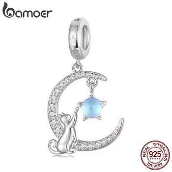 BAMOER, подвеска из стерлингового серебра 925 пробы с луной и котом, подвеска из лунного камня для женщин, браслет и ожерелье, ювелирные изделия своими руками 925 silver