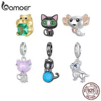 BAMOER 925 стерлингового серебра хомяк черный кот подвеска французский бульдог подходит оригинальный браслет DIY подвеска 2.4*1.0cm серебряный