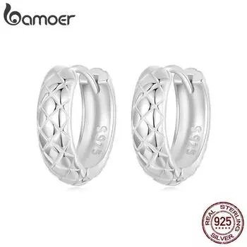 BAMOER, полированные круглые модные обручи из стерлингового серебра 925 пробы с ромбовидной огранкой, текстурированные серьги-кольца диаметром 4 мм для женщин и девочек BSE983
