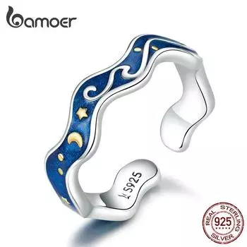 Bamoer, популярное модное кольцо из настоящего стерлингового серебра 925 пробы, звездное небесно-голубое кольцо для женщин, регулируемые кольца, ювелирные изделия Ring