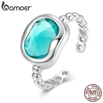 BAMOER, простое синтетическое кольцо из стерлингового серебра 925 пробы Параиба, регулируемое кольцо с синим камнем для женщин, подарок, ювелирные изделия 925 silver