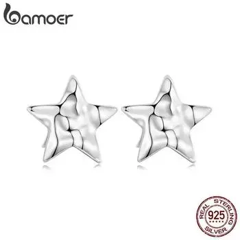 Bamoer, простые серьги-гвоздики со звездами из стерлингового серебра 925 пробы, серьги с кратерной текстурой для женщин, оригинальный дизайн, изящные ювелирные изделия, подарок BSE965