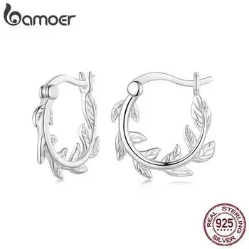 BAMOER, простые серьги-кольца из стерлингового серебра 925 пробы с листьями, классические гипоаллергенные серьги-кольца с листьями для женщин, модные ювелирные изделия, подарок BSE1022
