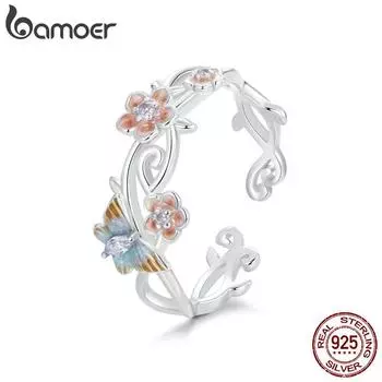 BAMOER, регулируемое кольцо из стерлингового серебра 925 пробы с вишней/бабочкой, гипоаллергенное очаровательное ювелирное изделие, подарочное кольцо для женщин и девочек BSR538-E