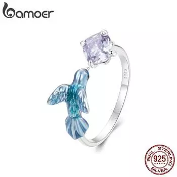 BAMOER, регулируемое кольцо из стерлингового серебра 925 пробы с зимородком/цветком, гипоаллергенное очаровательное ювелирное изделие, подарочное кольцо для женщин и девочек BSR540-E