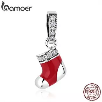 BAMOER, рождественские носки из 100% стерлингового серебра 925 пробы, красные бусины, подвески, подходят для женщин, браслеты, ожерелья, сделай сам SCC074