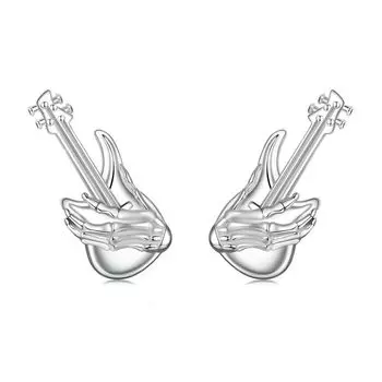 Bamoer Серьги-бас-гитары из цельного серебра 925 пробы с черепом в форме музыки в минималистичном стиле, маленькие гвоздики для ежедневного ношения для женщин, модные ювелирные изделия 1.5*0.6cm серебряный