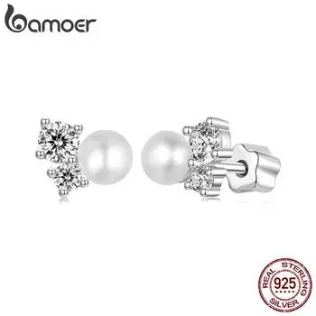 BAMOER серьги-гвоздики из белого золота с муассанитом, завинчивающиеся назад, гипоаллергенные серьги из стерлингового серебра 925 пробы с жемчугом для женщин 6*7mm