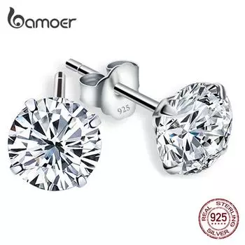 BAMOER Серьги-гвоздики из стерлингового серебра 925 с цирконием 0.4cm серебряный