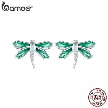 Bamoer, серьги-гвоздики из стерлингового серебра 925 пробы, зеленые стрекозы, серьги-гвоздики из белого золота, серьги с насекомыми для женщин, вечерние ювелирные изделия, подарок BSE988