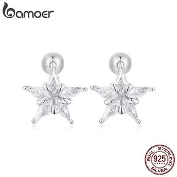 Серьги-гвоздики BAMOER из стерлингового серебра 925 пробы с блестящими звездами и платиновым покрытием, серьги с цирконием для девочек, изящные ювелирные изделия BSE1009