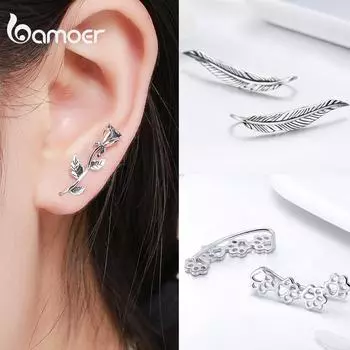 BAMOER Серьги-гвоздики из стерлингового серебра 925 пробы в Корейском стиле с перьями розы и звездами для женщин M