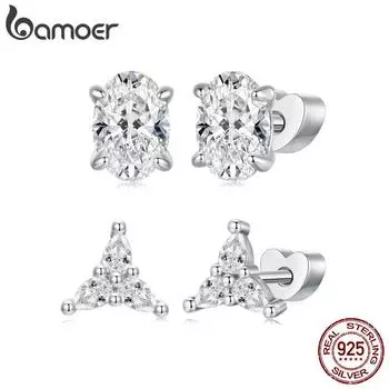 Bamoer Серьги-гвоздики из стерлингового серебра 925 пробы с тремя цветами, простые свадебные серьги с цирконием для женщин, классические сверкающие серьги-гвоздики 0.6*0.7cm серебряный