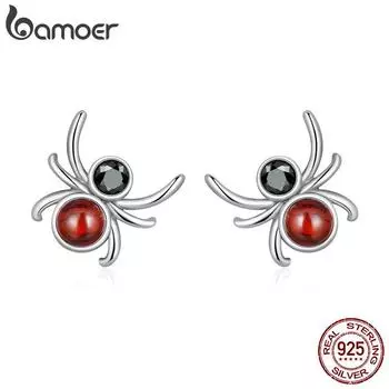 BAMOER, серьги-гвоздики из стерлингового серебра 925 пробы, крутые черные, красные серьги-гвоздики в виде паука для женщин, милые серьги-гвоздики для девочек, коллекция ювелирных изделий на Хэллоуин, подарок 925 silver