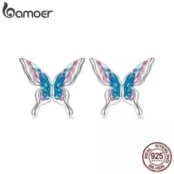 Bamoer, серьги-гвоздики из стерлингового серебра 925 пробы с радужной бабочкой, нежная эмаль, серьги с насекомыми для женщин, вечерние изящные ювелирные изделия, подарок BSE987