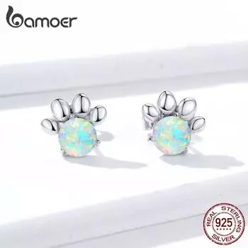 BAMOER серьги-гвоздики с блестящим опалом и следами собаки, маленькие серьги из стерлингового серебра 925 пробы с лунным камнем для девочек 925 silver