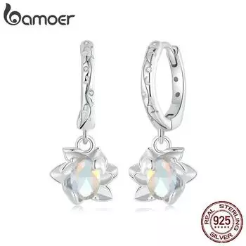 BAMOER серьги-капли из белого золота с покрытием Lotus Huggie, женские серьги-капли из стерлингового серебра 925 пробы, гипоаллергенные серьги с фианитами BSE998