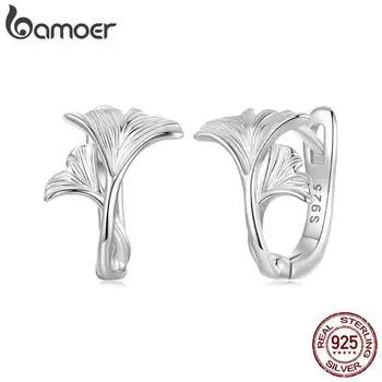 BAMOER Solid 925 Sterling Silver Ginkgo Leaf Hoop Серьги для женщин и подростков Маленькие серьги-кольца Красивые цветы Huggie Jewelry 13*9.5mm серебряный