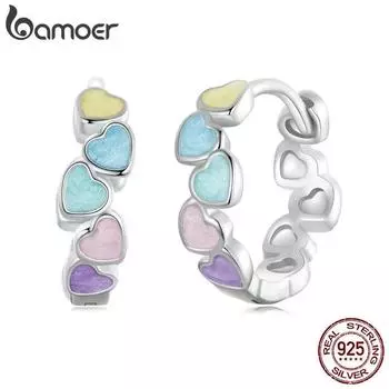 BAMOER, серьги-кольца из стерлингового серебра 925 пробы с разноцветной эмалью и сердечками, серьги-кольца с радужной любовью для девочек, модные ювелирные изделия, подарок SCE1694