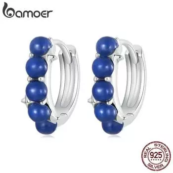 Bamoer, серьги-кольца из стерлингового серебра 925 пробы с синей планетой, сложенные синие каменные пряжки для ушей для женщин, повседневное ношение ювелирных украшений, подарок BSE984