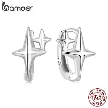 BAMOER Solid 925 Sterling Silver Starlight Hoop Серьги для женщин Star Huggie Серьги-кольца Изящные ювелирные украшения в подарок 12*9mm серебряный