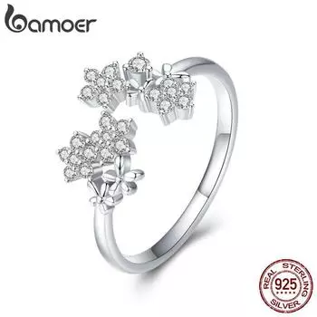 BAMOER Shining Authentic 925 Sterling Silver Daisy Clear CZ Регулируемые кольца на палец