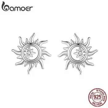 BAMOER Solid 925 Sterling Silver Chic Sun Stud Серьги Изящные Повседневные Серьги для Женщин Гипоаллергенные Украшения 1.0cm серебряный