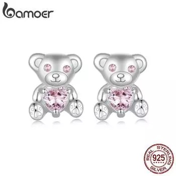 BAMOER Solid 925 Sterling Silver Dainty Bear Stud Earrings - Гипоаллергенные минималистичные милые серьги-гвоздики в виде животных для женщин и девушек, ювелирные украшения 8*6mm серебряный/розовый