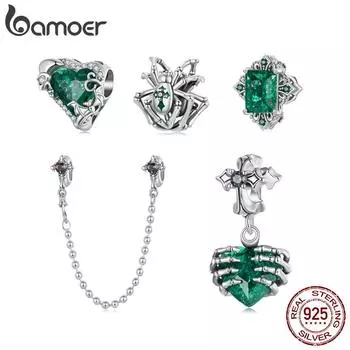 BAMOER Solid 925 Sterling Silver Halloween Heart Charm Бусина подходит для оригинального браслета и ожерелья ювелирные изделия своими руками bamoer CZ Charm 11*10mm зелёный/серебряный