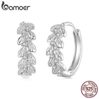 BAMOER Solid 925 Sterling Silver Leaves Flower Hoop Earrings for Women Cluster Flower Hoop Earrings For Women Girl Fine Jewelry 14*5mm серебряный