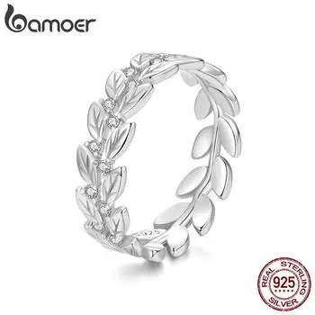 BAMOER Solid 925 Sterling Silver Leaves Flower Rings Handmade High Polished Thumb Band Slim Style Ring For Women Girls Jewelry 0.4mm серебряный