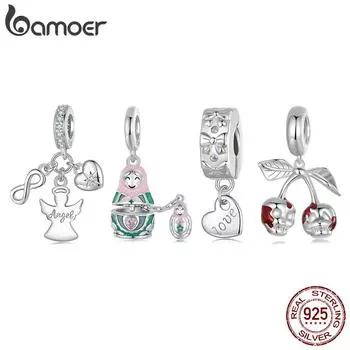 BAMOER Solid 925 Sterling Silver Матрешка/Ангел-хранитель/Вишневый череп подвеска бусина подходит для оригинального браслета и ожерелий ювелирные изделия своими руками 2.6*1.7cm серебряный