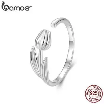 BAMOER Solid 925 Sterling Silver Регулируемые кольца-тюльпаны ручной работы Высокополированное кольцо на большой палец для женщин и девочек Ювелирные изделия 1.8mm серебряный