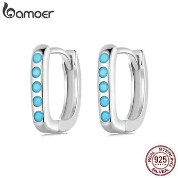 BAMOER Solid 925 Sterling Silver Small Hoop Earrings Бирюзовые серьги-кольца Huggie, легкие повседневные украшения для женщин Ювелирные изделия 12*2mm синий/серебряный