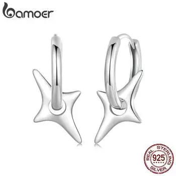 BAMOER Solid 925 Sterling Silver Starry Charm Huggie Hoop серьги легкие серьги-подвески в форме звезды для женщин ювелирные изделия 19*9mm серебряный