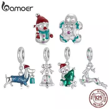 BAMOER Solid 925 Sterling Silver Xmas Series Charm Бусина подходит для оригинального браслета DIY Bamoer Charm для изготовления ювелирных изделий рождественский подарок 1.2*1.0cm серебряный