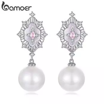 BAMOER Starlight Pink Shell Серьги для женщин Модные серьги-подвески с жемчугом и белым золотом Свадебные вечерние повседневные украшения 3.3*1.3cm серебряный
