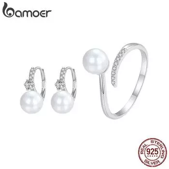 BAMOER, стерлинговое серебро 925 пробы, элегантное качество, жемчужная пряжка для ушей, открывающееся кольцо с кубическим цирконием для женщин, комплект ювелирных изделий 925 silver