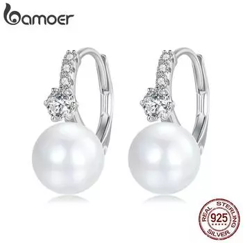 BAMOER, стерлинговое серебро 925 пробы, элегантное качество, жемчужные пряжки для ушей, кубический цирконий для женщин, вечерние ювелирные украшения 925 silver