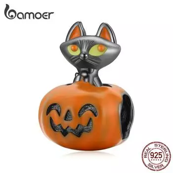BAMOER, стерлинговое серебро 925 пробы, эмаль, Хэллоуин, смайлик, тыквы и игривый черный кот, очаровательные бусины для женщин, ювелирные украшения 925 silver