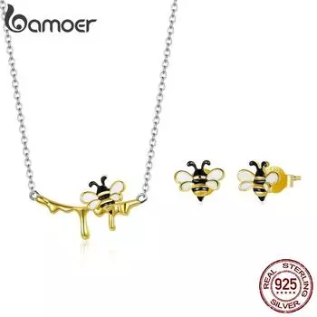 BAMOER, стерлинговое серебро 925 пробы, эмаль, шмель и сладкий мед, блестящее ожерелье и серьги-гвоздики для женщин, модный комплект ювелирных изделий 925 silver