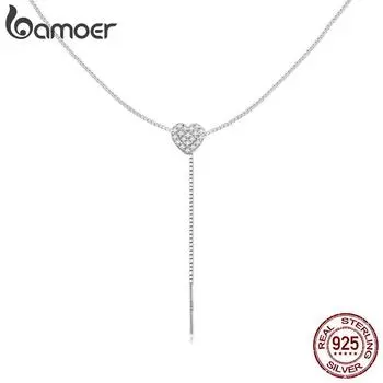 BAMOER, стерлинговое серебро 925 пробы, блестящее ожерелье в форме сердца для женщин, минималистичная длинная цепочка-колье, ювелирные изделия, подарок на вечеринку 925 silver