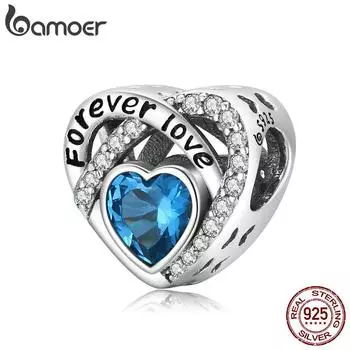 BAMOER, стерлинговое серебро 925 пробы, блестящий циркон в форме сердца, синий ретро, сердце любви, бисер, для женщин, ювелирные украшения 925 silver