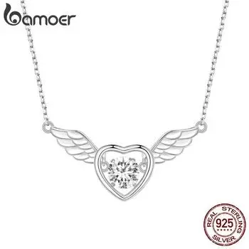 BAMOER, стерлинговое серебро 925 пробы, блестящий циркон, подвеска в форме сердца, ожерелье, цепочка на шею с крыльями стража для женщин, подарок на день рождения, ювелирные изделия 925 silver